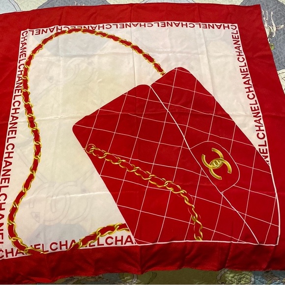 CHANEL RED & WHITE SILK PRINTED FLAP BAG SCARF - Authentic - Picture 7 of 11